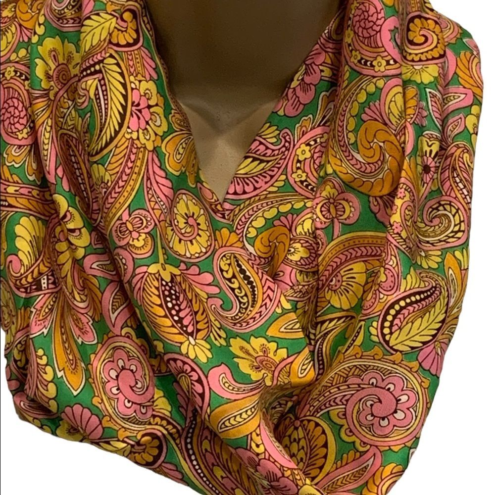 Vintage Sally Gee Green & Pink Paisley Silk Infinity Scarf - Picture 1 of 7